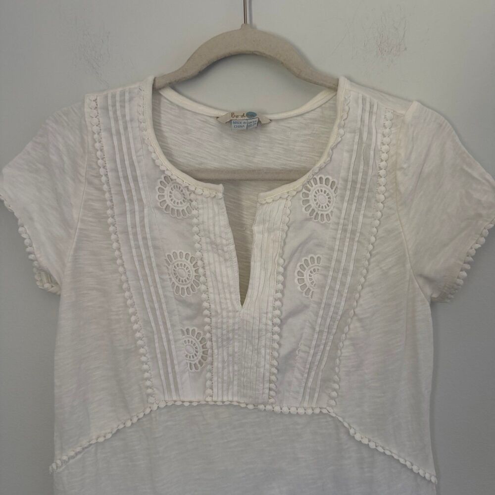 Boden White Cotton Eyelet Pom Pom Dress Sz US 2R Notch Neck Short Sleeve Shift